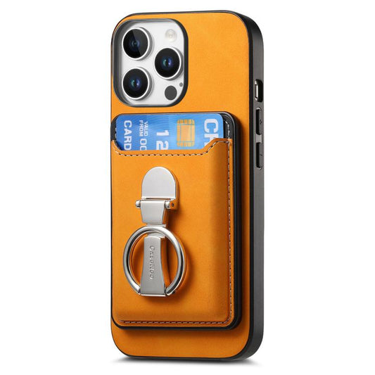 For iPhone 15 Pro Retro Folding Ring Holder Card Bag MagSafe Phone Case(Yellow) - iPhone 15 Pro Cases by buy2fix | Online Shopping UK | buy2fix