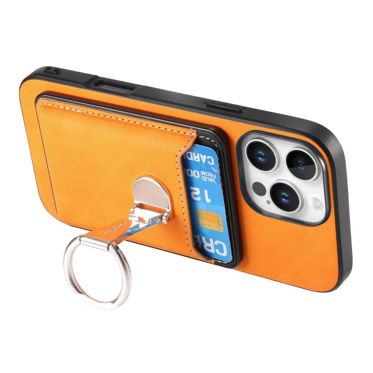 For iPhone 15 Pro Retro Folding Ring Holder Card Bag MagSafe Phone Case(Yellow) - iPhone 15 Pro Cases by buy2fix | Online Shopping UK | buy2fix