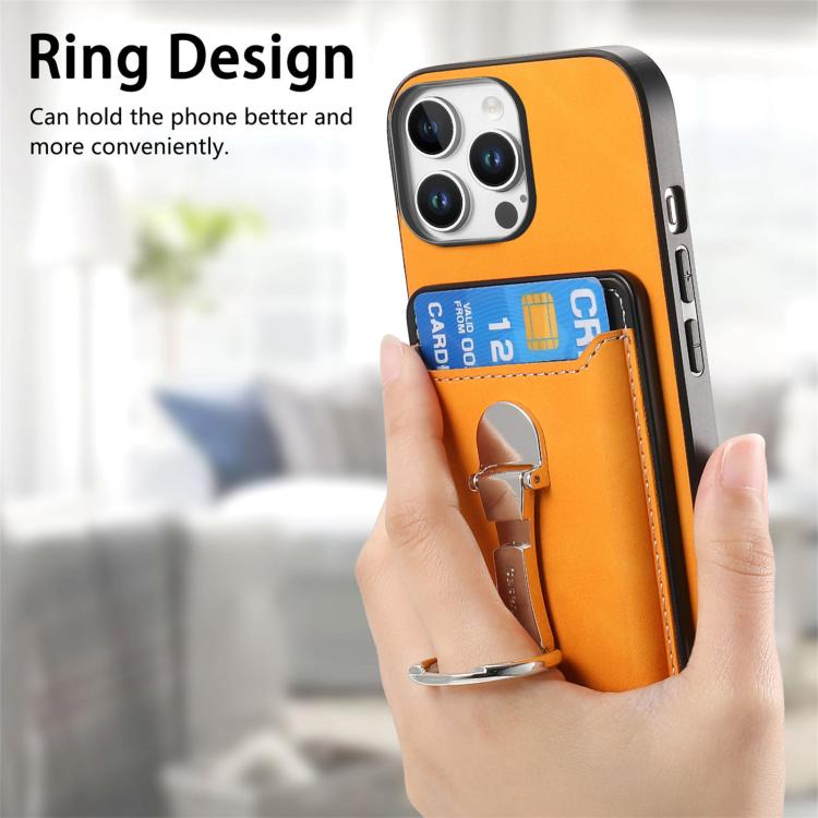 For iPhone 15 Pro Retro Folding Ring Holder Card Bag MagSafe Phone Case(Yellow) - iPhone 15 Pro Cases by buy2fix | Online Shopping UK | buy2fix