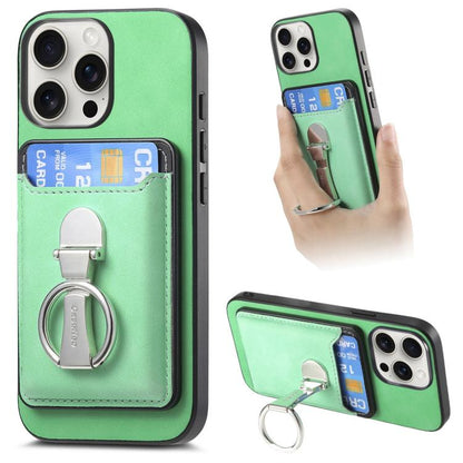 For iPhone 15 Pro Retro Folding Ring Holder Card Bag MagSafe Phone Case(Green) - iPhone 15 Pro Cases by buy2fix | Online Shopping UK | buy2fix