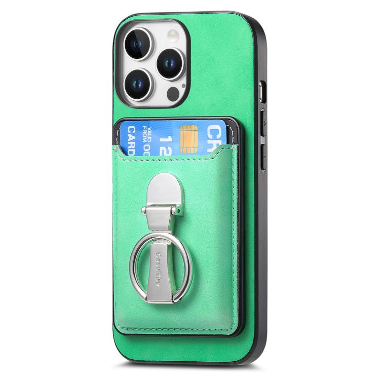 For iPhone 15 Pro Retro Folding Ring Holder Card Bag MagSafe Phone Case(Green) - iPhone 15 Pro Cases by buy2fix | Online Shopping UK | buy2fix