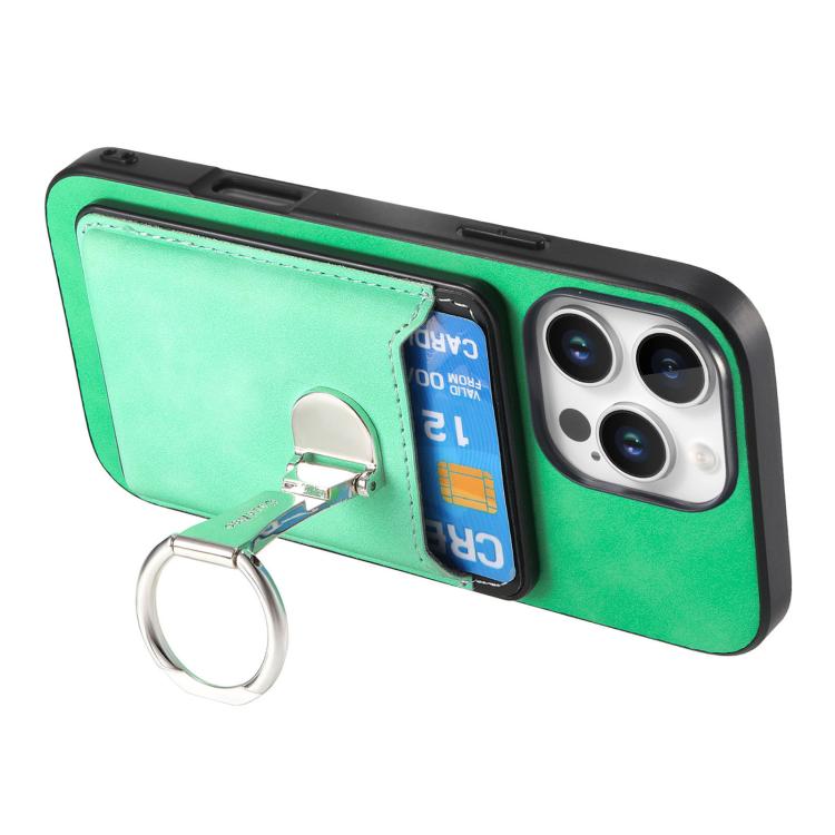 For iPhone 15 Pro Retro Folding Ring Holder Card Bag MagSafe Phone Case(Green) - iPhone 15 Pro Cases by buy2fix | Online Shopping UK | buy2fix