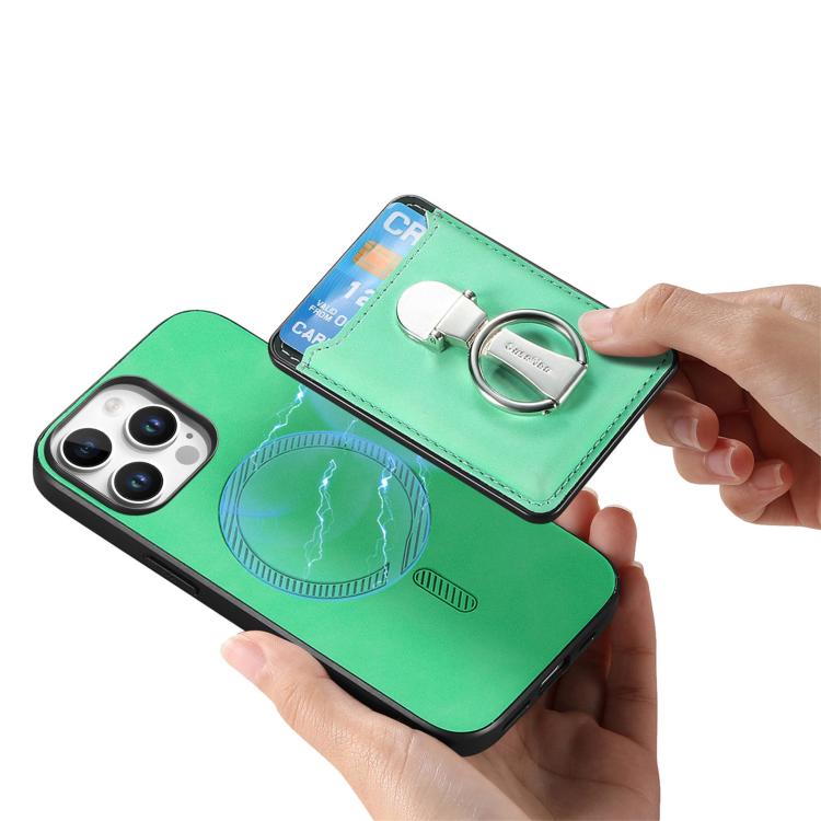 For iPhone 15 Pro Retro Folding Ring Holder Card Bag MagSafe Phone Case(Green) - iPhone 15 Pro Cases by buy2fix | Online Shopping UK | buy2fix