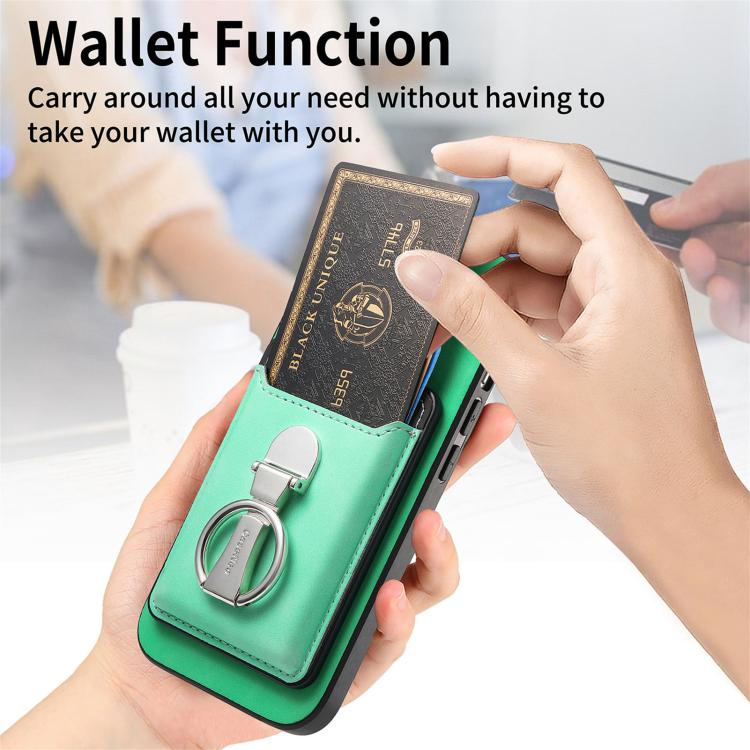 For iPhone 15 Pro Retro Folding Ring Holder Card Bag MagSafe Phone Case(Green) - iPhone 15 Pro Cases by buy2fix | Online Shopping UK | buy2fix