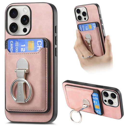 For iPhone 15 Pro Retro Folding Ring Holder Card Bag MagSafe Phone Case(Pink) - iPhone 15 Pro Cases by buy2fix | Online Shopping UK | buy2fix