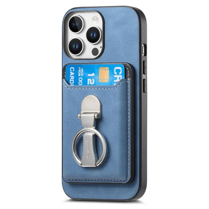 For iPhone 15 Pro Retro Folding Ring Holder Card Bag MagSafe Phone Case(Blue) - iPhone 15 Pro Cases by buy2fix | Online Shopping UK | buy2fix