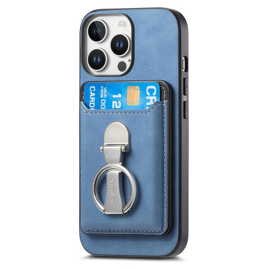 For iPhone 15 Pro Retro Folding Ring Holder Card Bag MagSafe Phone Case(Blue) - iPhone 15 Pro Cases by buy2fix | Online Shopping UK | buy2fix