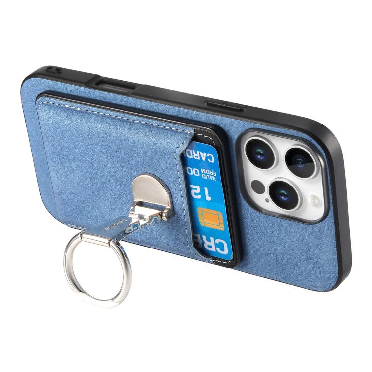 For iPhone 15 Pro Retro Folding Ring Holder Card Bag MagSafe Phone Case(Blue) - iPhone 15 Pro Cases by buy2fix | Online Shopping UK | buy2fix