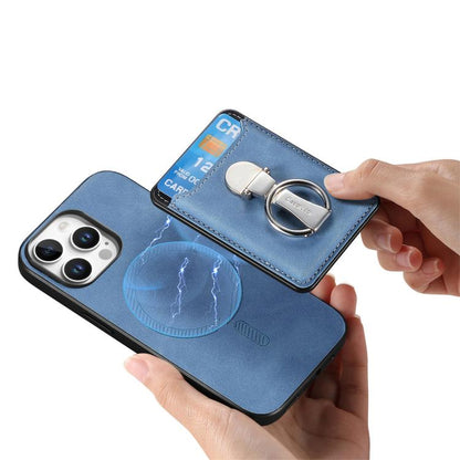 For iPhone 15 Pro Retro Folding Ring Holder Card Bag MagSafe Phone Case(Blue) - iPhone 15 Pro Cases by buy2fix | Online Shopping UK | buy2fix