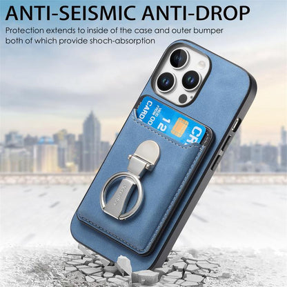 For iPhone 15 Pro Retro Folding Ring Holder Card Bag MagSafe Phone Case(Blue) - iPhone 15 Pro Cases by buy2fix | Online Shopping UK | buy2fix