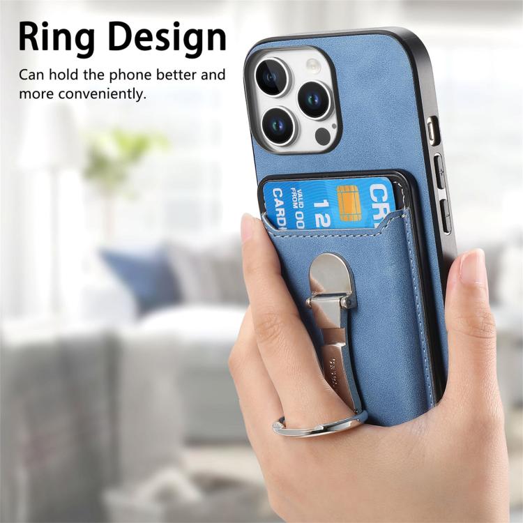 For iPhone 15 Pro Retro Folding Ring Holder Card Bag MagSafe Phone Case(Blue) - iPhone 15 Pro Cases by buy2fix | Online Shopping UK | buy2fix