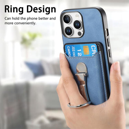 For iPhone 15 Pro Retro Folding Ring Holder Card Bag MagSafe Phone Case(Blue) - iPhone 15 Pro Cases by buy2fix | Online Shopping UK | buy2fix