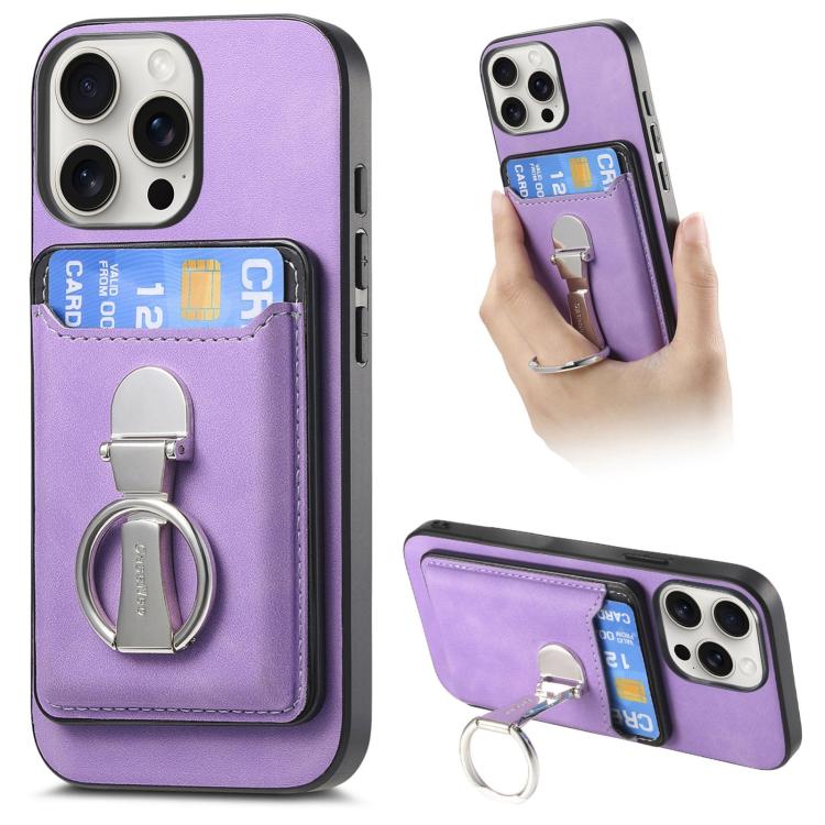 For iPhone 15 Pro Max Retro Folding Ring Holder Card Bag MagSafe Phone Case(Purple) - iPhone 15 Pro Max Cases by buy2fix | Online Shopping UK | buy2fix