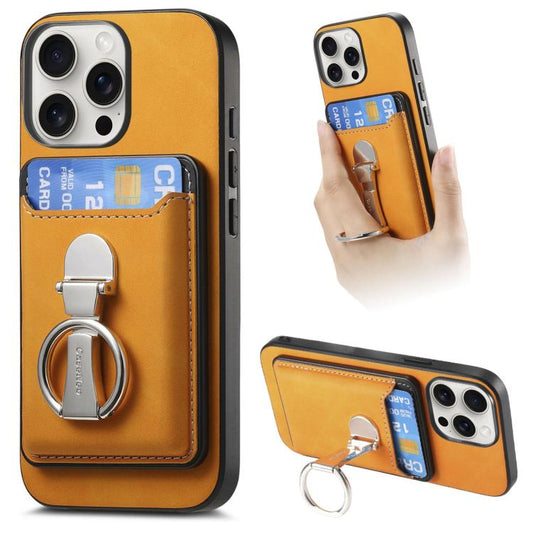 For iPhone 15 Pro Max Retro Folding Ring Holder Card Bag MagSafe Phone Case(Yellow) - iPhone 15 Pro Max Cases by buy2fix | Online Shopping UK | buy2fix