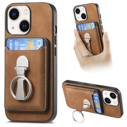 For iPhone 14 Retro Folding Ring Holder Card Bag MagSafe Phone Case(Brown) - iPhone 14 Cases by buy2fix | Online Shopping UK | buy2fix