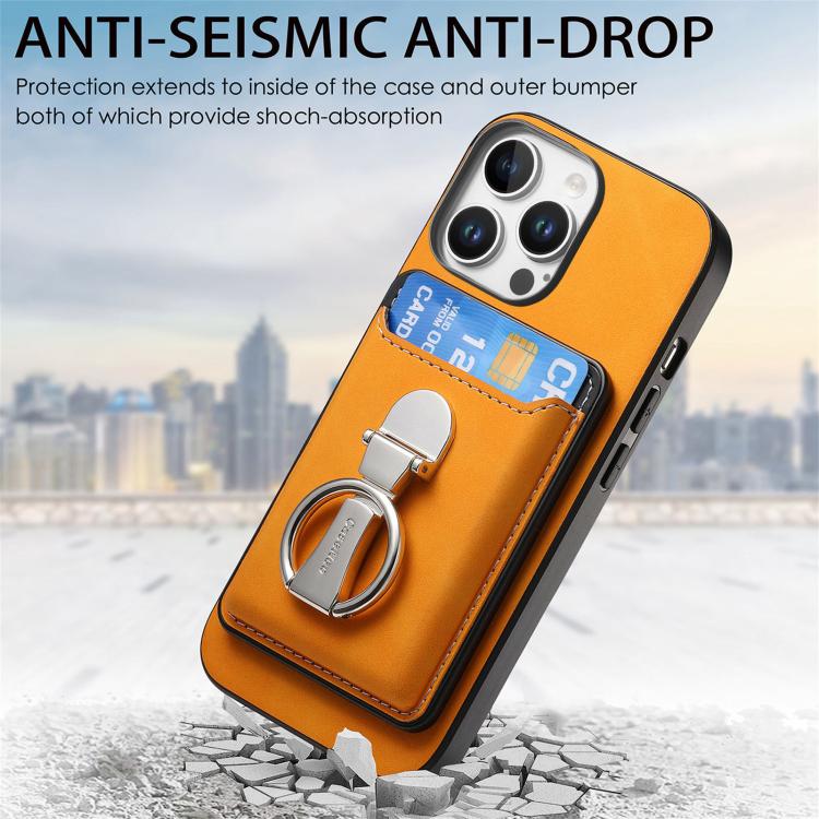 For iPhone 14 Retro Folding Ring Holder Card Bag MagSafe Phone Case(Yellow) - iPhone 14 Cases by buy2fix | Online Shopping UK | buy2fix