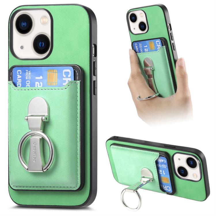 For iPhone 14 Retro Folding Ring Holder Card Bag MagSafe Phone Case(Green) - iPhone 14 Cases by buy2fix | Online Shopping UK | buy2fix