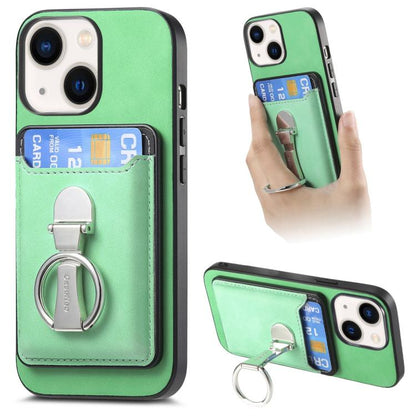 For iPhone 14 Retro Folding Ring Holder Card Bag MagSafe Phone Case(Green) - iPhone 14 Cases by buy2fix | Online Shopping UK | buy2fix