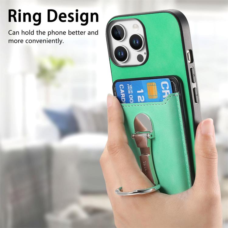For iPhone 14 Retro Folding Ring Holder Card Bag MagSafe Phone Case(Green) - iPhone 14 Cases by buy2fix | Online Shopping UK | buy2fix