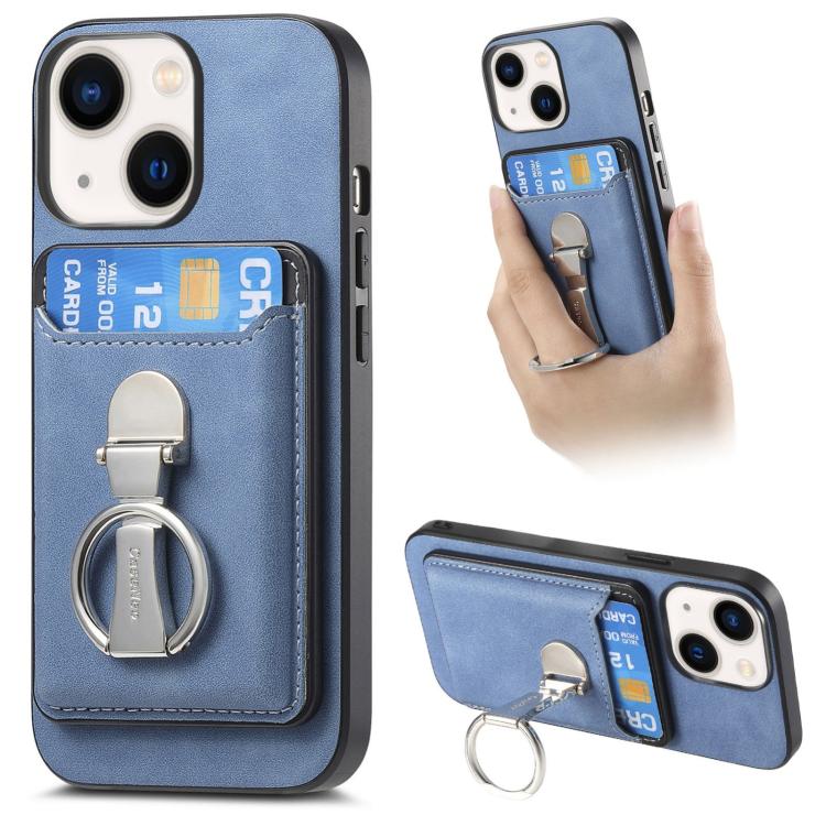 For iPhone 14 Retro Folding Ring Holder Card Bag MagSafe Phone Case(Blue) - iPhone 14 Cases by buy2fix | Online Shopping UK | buy2fix