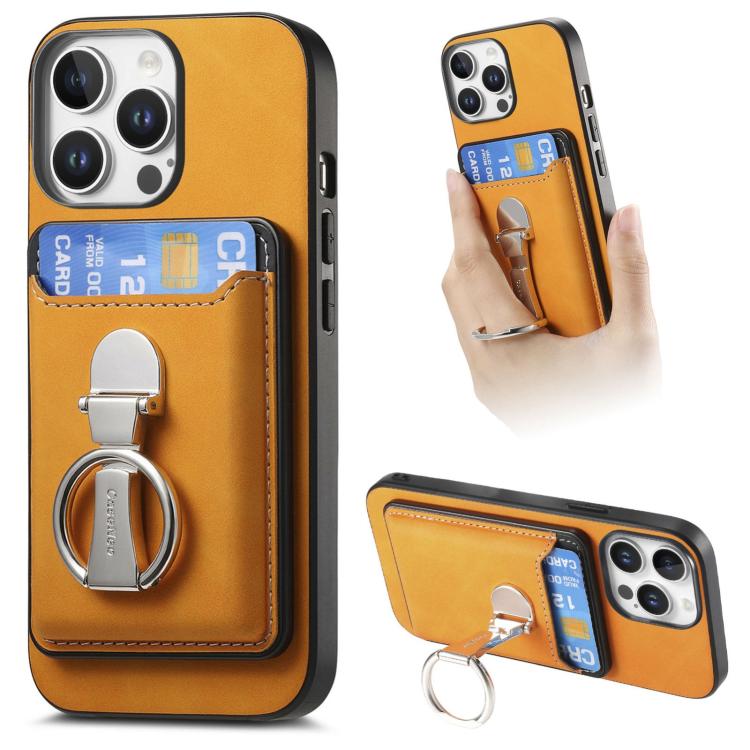 For iPhone 14 Pro Retro Folding Ring Holder Card Bag MagSafe Phone Case(Yellow) - iPhone 14 Pro Cases by buy2fix | Online Shopping UK | buy2fix