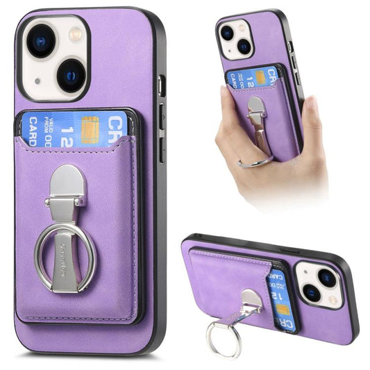 For iPhone 14 Plus Retro Folding Ring Holder Card Bag MagSafe Phone Case(Purple) - iPhone 14 Plus Cases by buy2fix | Online Shopping UK | buy2fix