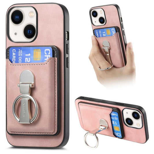 For iPhone 14 Plus Retro Folding Ring Holder Card Bag MagSafe Phone Case(Pink) - iPhone 14 Plus Cases by buy2fix | Online Shopping UK | buy2fix