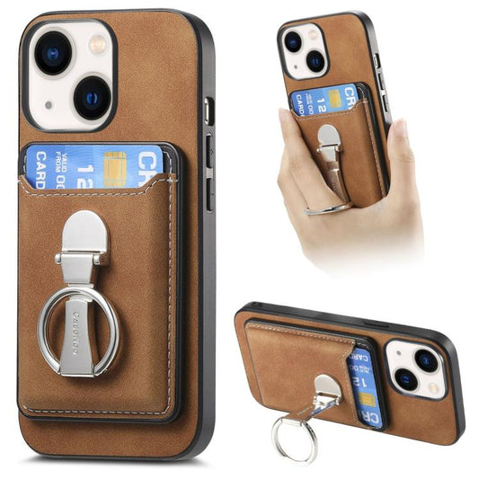 For iPhone 13 Retro Folding Ring Holder Card Bag MagSafe Phone Case(Brown) - iPhone 13 Cases by buy2fix | Online Shopping UK | buy2fix