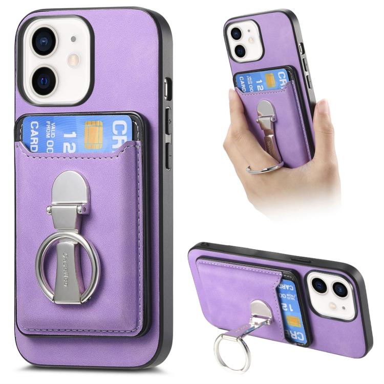 For iPhone 12 Retro Folding Ring Holder Card Bag MagSafe Phone Case(Purple) - iPhone 12 / 12 Pro Cases by buy2fix | Online Shopping UK | buy2fix