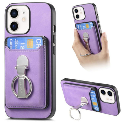 For iPhone 12 Retro Folding Ring Holder Card Bag MagSafe Phone Case(Purple) - iPhone 12 / 12 Pro Cases by buy2fix | Online Shopping UK | buy2fix