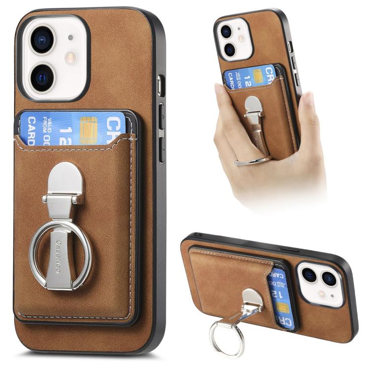 For iPhone 12 Retro Folding Ring Holder Card Bag MagSafe Phone Case(Brown) - iPhone 12 / 12 Pro Cases by buy2fix | Online Shopping UK | buy2fix
