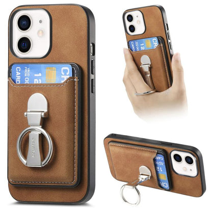 For iPhone 12 Retro Folding Ring Holder Card Bag MagSafe Phone Case(Brown) - iPhone 12 / 12 Pro Cases by buy2fix | Online Shopping UK | buy2fix