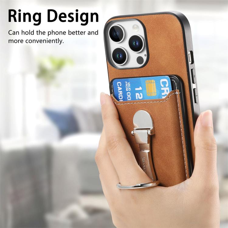 For iPhone 12 Retro Folding Ring Holder Card Bag MagSafe Phone Case(Brown) - iPhone 12 / 12 Pro Cases by buy2fix | Online Shopping UK | buy2fix