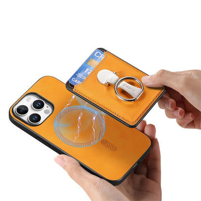 For iPhone 12 Retro Folding Ring Holder Card Bag MagSafe Phone Case(Yellow) - iPhone 12 / 12 Pro Cases by buy2fix | Online Shopping UK | buy2fix