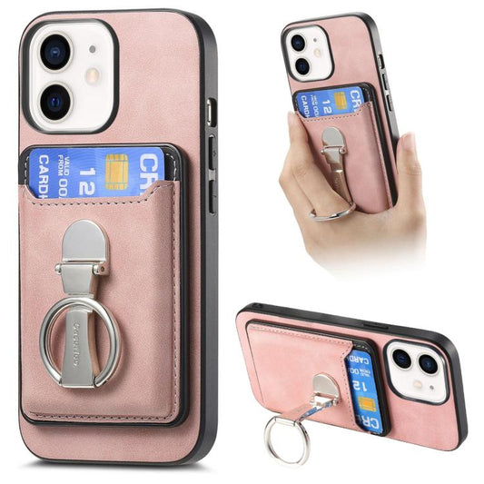 For iPhone 12 Retro Folding Ring Holder Card Bag MagSafe Phone Case(Pink) - iPhone 12 / 12 Pro Cases by buy2fix | Online Shopping UK | buy2fix