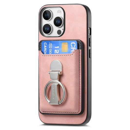 For iPhone 12 Retro Folding Ring Holder Card Bag MagSafe Phone Case(Pink) - iPhone 12 / 12 Pro Cases by buy2fix | Online Shopping UK | buy2fix