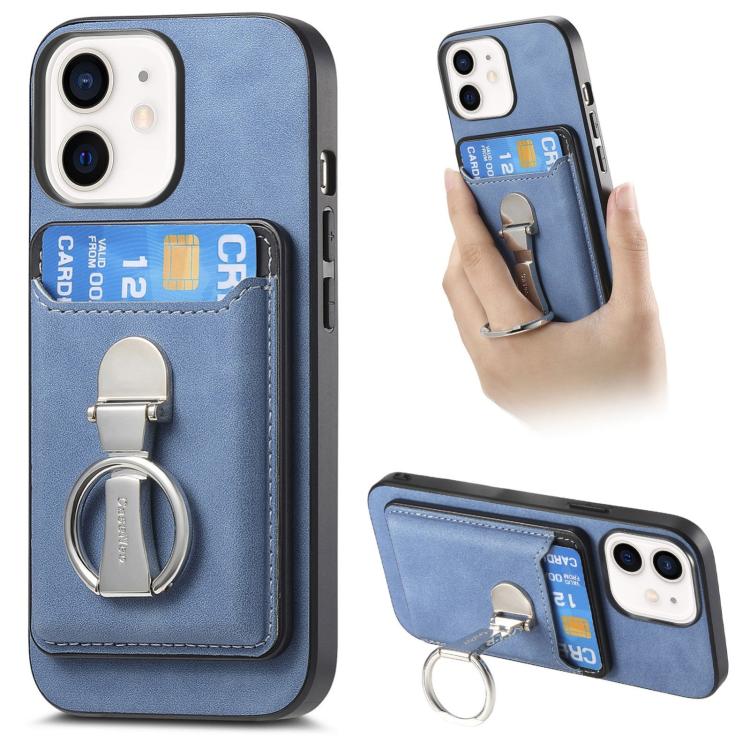 For iPhone 12 Retro Folding Ring Holder Card Bag MagSafe Phone Case(Blue) - iPhone 12 / 12 Pro Cases by buy2fix | Online Shopping UK | buy2fix