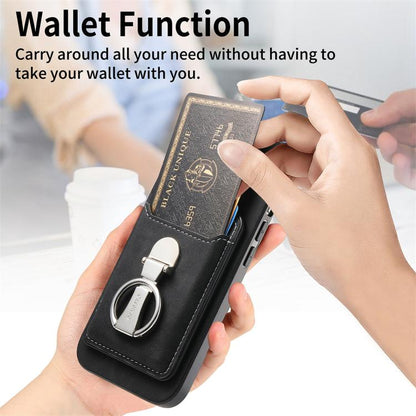 For iPhone 12 Pro Retro Folding Ring Holder Card Bag MagSafe Phone Case(Black) - iPhone 12 / 12 Pro Cases by buy2fix | Online Shopping UK | buy2fix