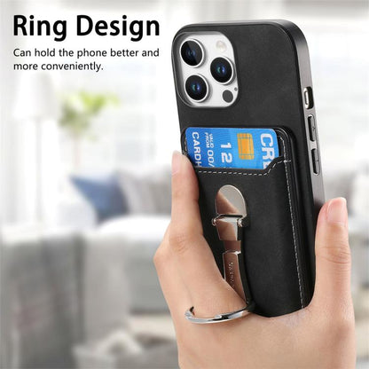 For iPhone 12 Pro Retro Folding Ring Holder Card Bag MagSafe Phone Case(Black) - iPhone 12 / 12 Pro Cases by buy2fix | Online Shopping UK | buy2fix