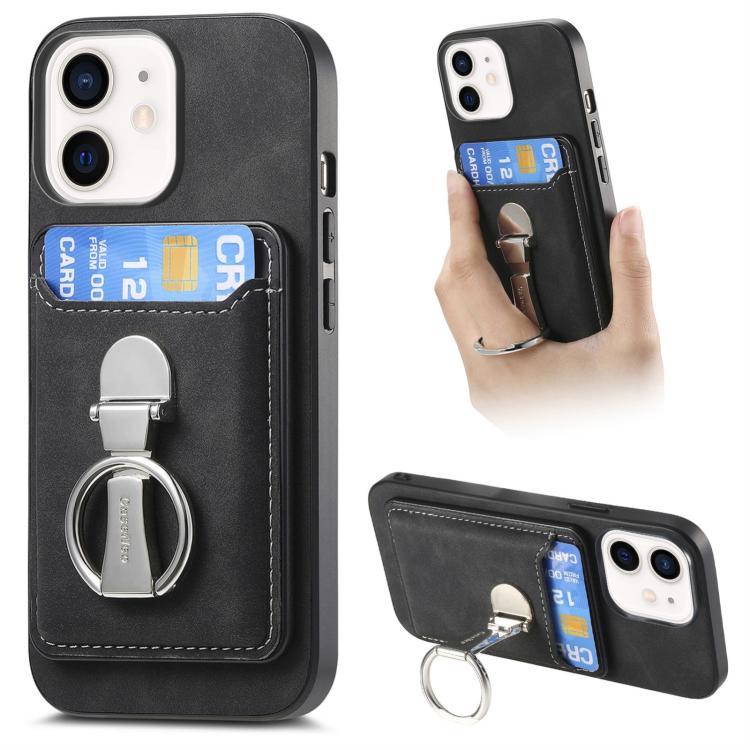 For iPhone 11 Retro Folding Ring Holder Card Bag MagSafe Phone Case(Black) - iPhone 11 Cases by buy2fix | Online Shopping UK | buy2fix