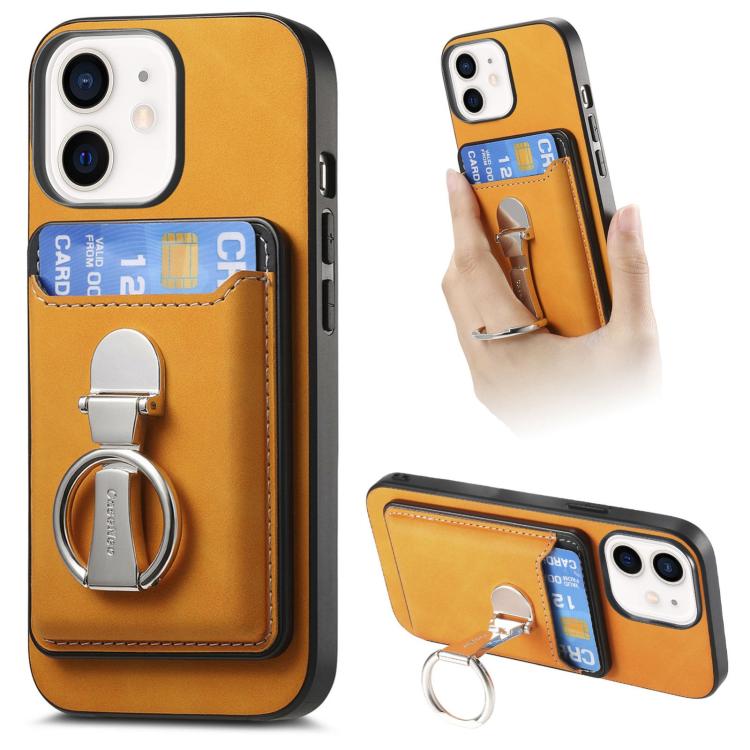 For iPhone 11 Retro Folding Ring Holder Card Bag MagSafe Phone Case(Yellow) - iPhone 11 Cases by buy2fix | Online Shopping UK | buy2fix