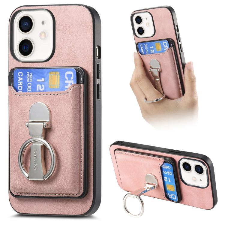 For iPhone 11 Retro Folding Ring Holder Card Bag MagSafe Phone Case(Pink) - iPhone 11 Cases by buy2fix | Online Shopping UK | buy2fix