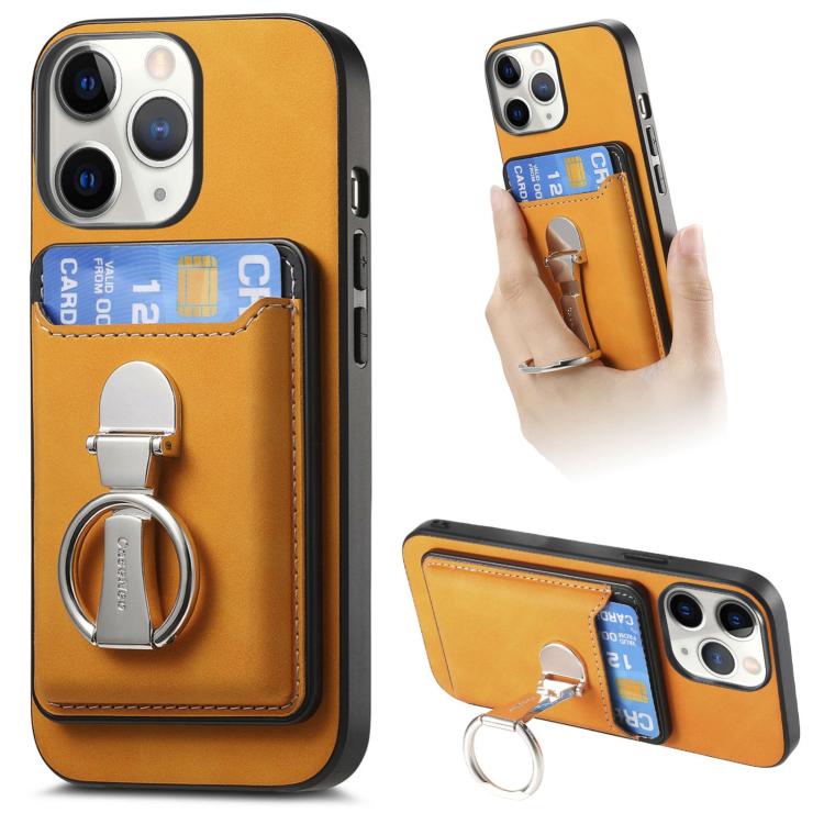 For iPhone 11 Pro Retro Folding Ring Holder Card Bag MagSafe Phone Case(Yellow) - iPhone 11 Pro Cases by buy2fix | Online Shopping UK | buy2fix