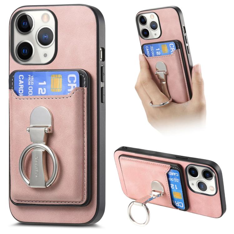 For iPhone 11 Pro Retro Folding Ring Holder Card Bag MagSafe Phone Case(Pink) - iPhone 11 Pro Cases by buy2fix | Online Shopping UK | buy2fix