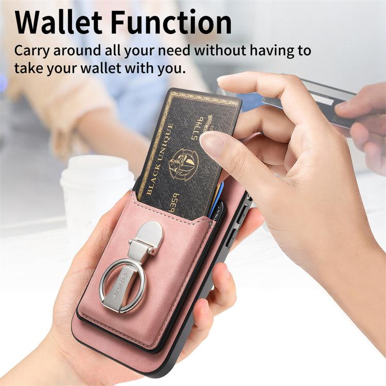 For iPhone 11 Pro Retro Folding Ring Holder Card Bag MagSafe Phone Case(Pink) - iPhone 11 Pro Cases by buy2fix | Online Shopping UK | buy2fix