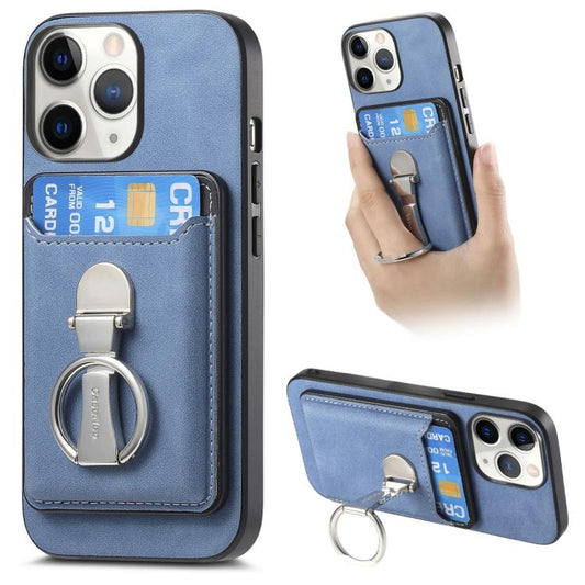 For iPhone 11 Pro Retro Folding Ring Holder Card Bag MagSafe Phone Case(Blue) - iPhone 11 Pro Cases by buy2fix | Online Shopping UK | buy2fix