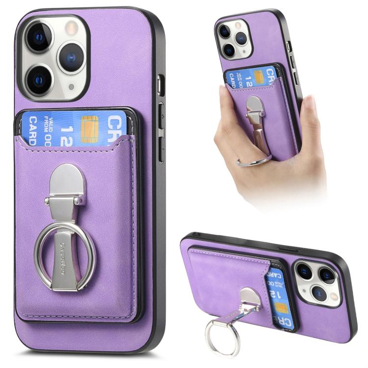 For iPhone 11 Pro Max Retro Folding Ring Holder Card Bag MagSafe Phone Case(Purple) - iPhone 11 Pro Max Cases by buy2fix | Online Shopping UK | buy2fix