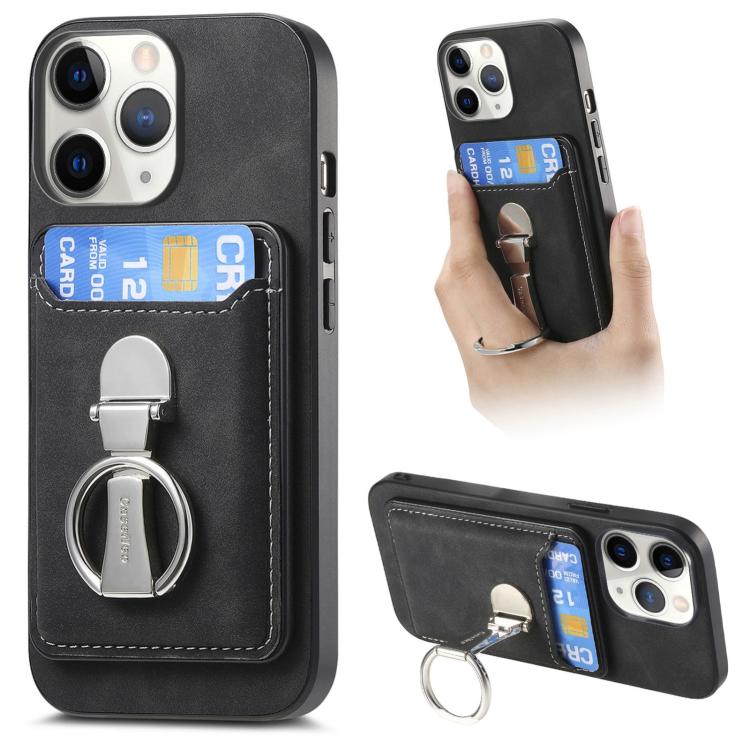 For iPhone 11 Pro Max Retro Folding Ring Holder Card Bag MagSafe Phone Case(Black) - iPhone 11 Pro Max Cases by buy2fix | Online Shopping UK | buy2fix