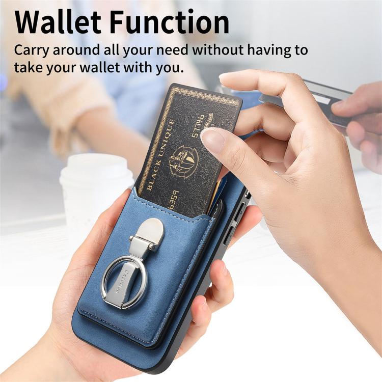 For iPhone 11 Pro Max Retro Folding Ring Holder Card Bag MagSafe Phone Case(Blue) - iPhone 11 Pro Max Cases by buy2fix | Online Shopping UK | buy2fix