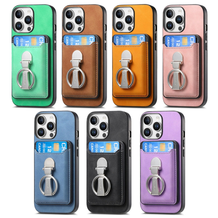 For iPhone 13 Retro Folding Ring Holder Card Bag MagSafe Phone Case(Yellow) - iPhone 13 Cases by buy2fix | Online Shopping UK | buy2fix